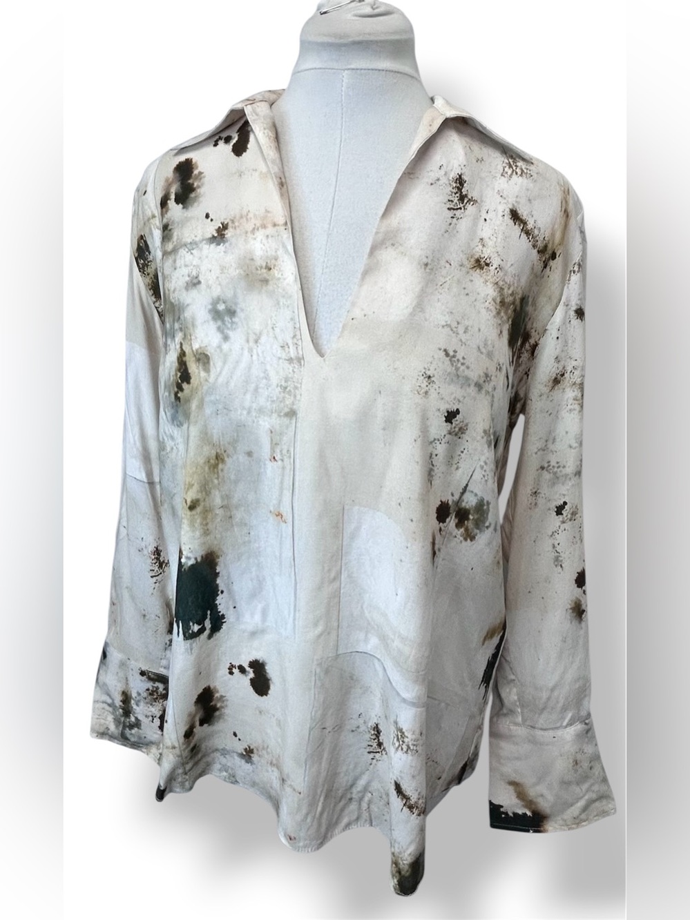 Zara Women’s Long Sleeve Plunge-Neck Pullover Blouse Artsy Cream/Olive/Brown M - Picture 2 of 12